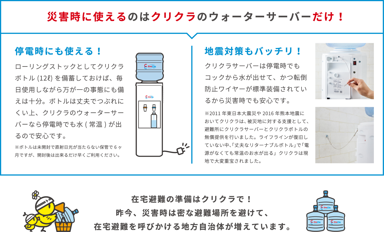 災害時に使えるのはクリクラのウォーターサーバーだけ！