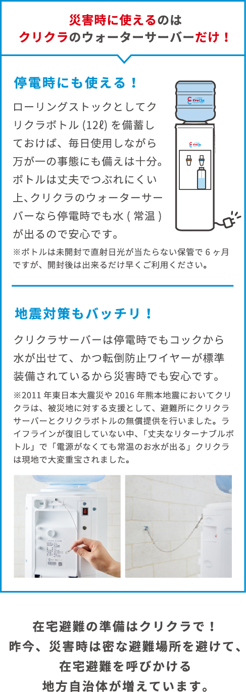 災害時に使えるのはクリクラのウォーターサーバーだけ！